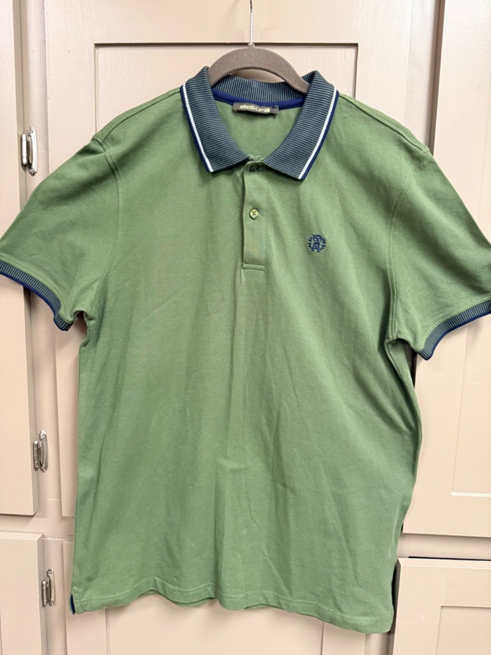 Roberto Cavalli Olive Green w/ Navy Contrast-Collar Polo Shirt 100% Cotton